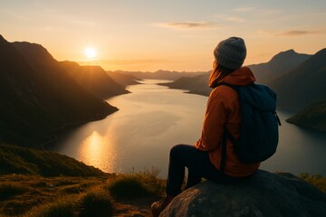 Solitary hiker wearing an orange jacket and beanie sitting on a rocky ledge overlooking a tranquil lake and mountains at sunrise