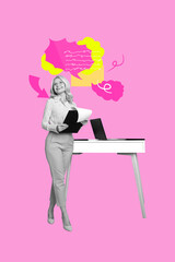 Artwork banner trendy photo collage of happy girl send message bubble notification dialogue...