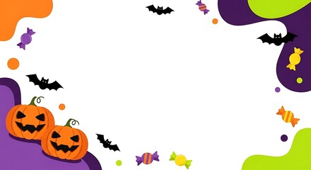Festive Halloween Border with Pumpkins Bats and Candy on White Background frame jack-o-lantern