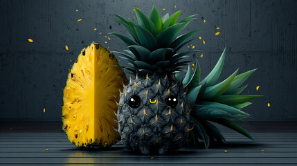 Cute pineapple character. Vector illustration of cartoon slice of tropical fruit.