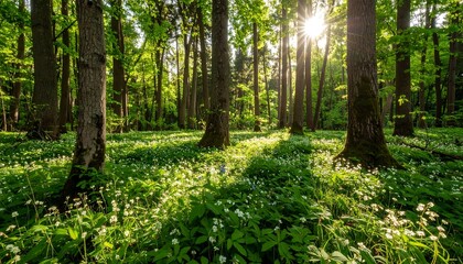 Fototapeta premium Sunlight streams through a forest floor carpeted with wildflowers