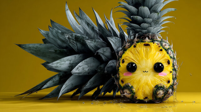 Cute pineapple character. Vector illustration of cartoon slice of tropical fruit.