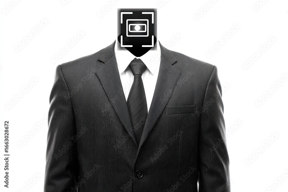 Poster digital identity explored through faceless businessman in a tailored suit featuring abstract headspa