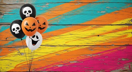 Halloween Balloons With Skull, Jack-o-lantern, And Ghost Designs On A Colorful Wooden Background