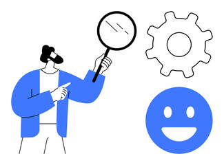Man with magnifying glass examines elements gear symbol conveys process, happy face adds positivity. Ideal for analysis, research, productivity, user experience, workflow, teamwork, simple landing