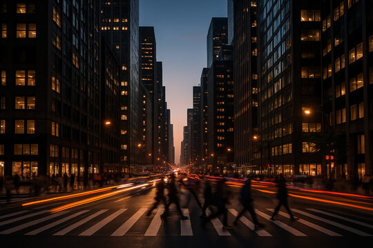 Cityscape at Dusk: A Blurred Rush Through the Urban Canyon - Powered by Adobe