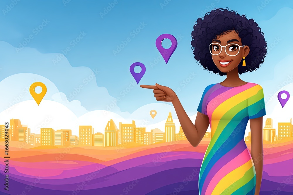 Poster engaging female character in a colorful striped dress pointing towards location markers in a vibrant
