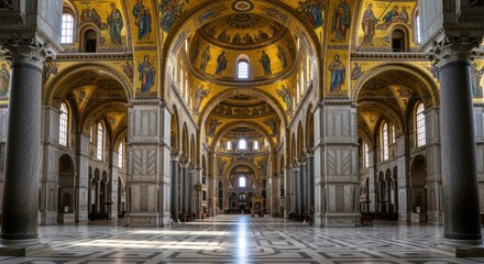 Fototapeta premium Interior view of a grand historic cathedral with ornate golden mosaics and marble floors