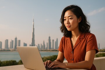 Young woman working on a laptop outdoors with a modern city skyline and skyscrapers in the background on a sunny day