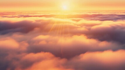 Cinematic flight through sunrise clouds with golden light rays - Powered by Adobe