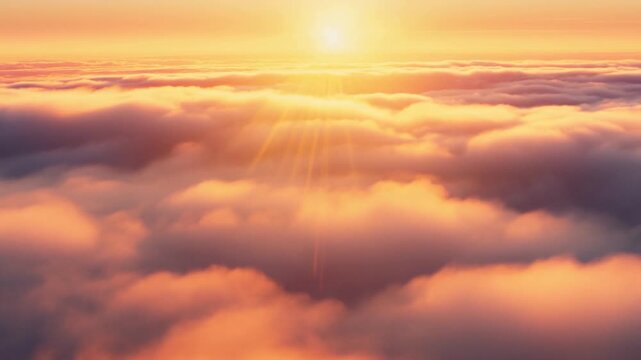 Cinematic flight through sunrise clouds with golden light rays