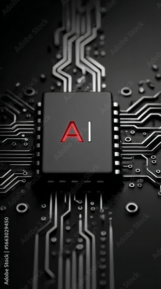 Poster black ai chip with glowing red letters managing intricate circuitry on dark motherboard, symbolizing