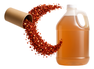 Crushed red pepper flakes spilling from a cardboard tube near a plastic jug of apple cider vinegar.