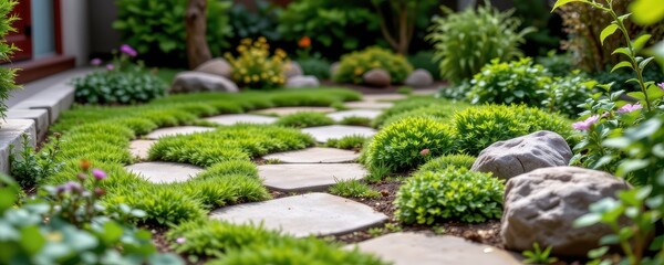 a miniature garden courtyard with moss, creeping thyme, and low perennials producing soft ground cover and calming greenery enhancing a peaceful quiet garden atmosphere