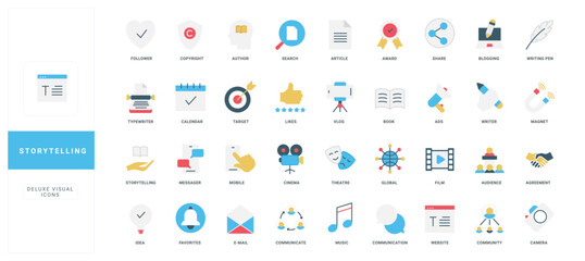 Colorful flat icons representing storytelling, writing, blogging, media, communication, and digital content creation, perfect for creative and educational concepts isolated vector illustration