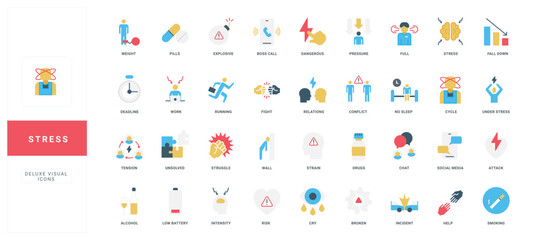 Collection of flat style icons visualizing stress, anxiety, pressure, mental health, work overload, emotional struggle, and related symptoms isolated vector illustration
