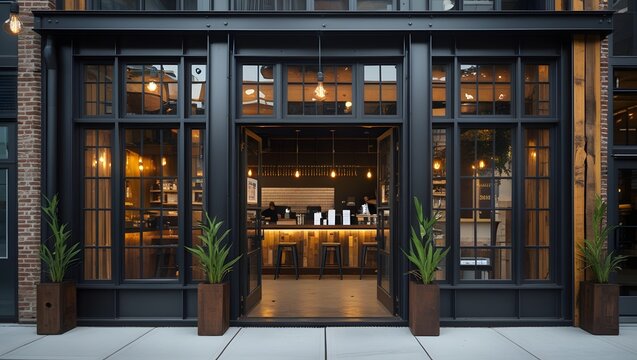 Modern restaurant facade at dusk welcoming patrons with warm interior ambiance and elegant glass doors
