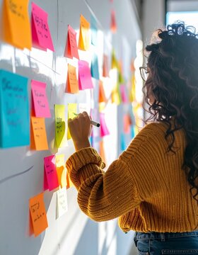 Creative business professional writing on a large whiteboard with colorful sticky notes, symbolizing innovative ideas, agile project planning, and productive teamwork