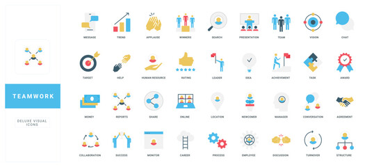 Flat style teamwork and business icons set with titles covering communication, leadership, collaboration, achievement, and workflow concepts isolated vector illustration