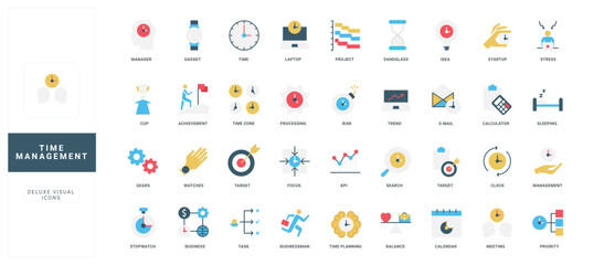 Collection of flat style time management icons showing productivity, planning, business, deadlines, and organization concepts for workflow and efficiency isolated vector illustration