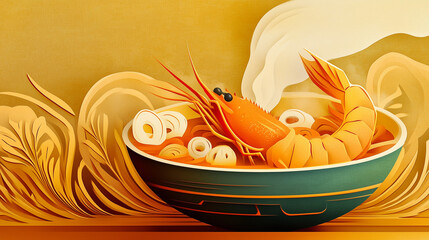 Shrimp meal in bowl with noodles and steam on golden background  