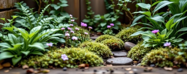 Fototapeta premium a tiny garden space with ferns, moss, and small flowering perennials producing soft textures and subtle colors for a peaceful quiet environment for relaxation