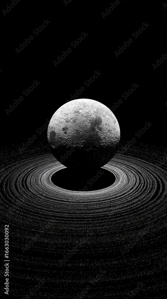 Aufkleber moon casting a shadow on a black hole gravity field warping spacetime, creating a stunning visual re