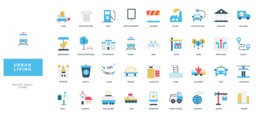 Collection of flat style urban living icons showing transport, buildings, infrastructure, recreation, and city services for modern metropolitan environments isolated vector illustration