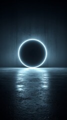 Obraz premium Futuristic neon circle light emitting a soft glow in a dark concrete room, creating reflections on the polished floor