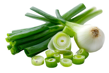 Fresh scallions with green stalks and white bulbs isolated for culinary use isolated on transparent background	