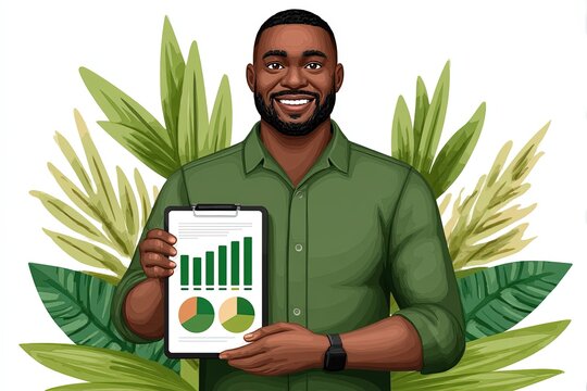 Confident male professional presenting detailed business analytics report with notable growth charts amidst a vibrant backdrop of lush green tropical leaves conveying data-driven success and