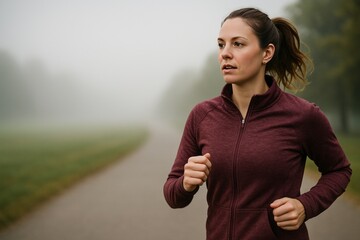 Focused young woman jogging outdoors in a maroon long-sleeve athletic top on a foggy morning path, embracing fitness and healthy lifestyle