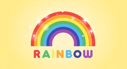 Obraz premium Vibrant Rainbow Arch with Sparkling Lights and the Word Rainbow on Yellow Background colorful