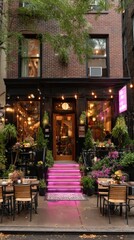Fototapeta premium Inviting Entrance with Pink Carpet and Outdoor Seating