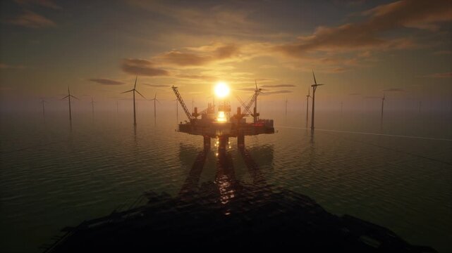 Offshore Oil Rig And Wind Turbines At Sunset, Energy Transition - Powered by Adobe