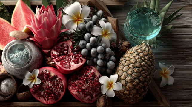 Summer sale promo web banner. Top view on Summer composition with tropical fruit and plumeria flowers on wooden texture. Vector illustration with special discount offer.