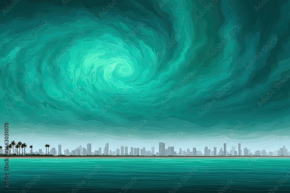 Poster an enchanting coastal skyline beneath a swirling turquoise vortex of clouds capturing the dynamic in