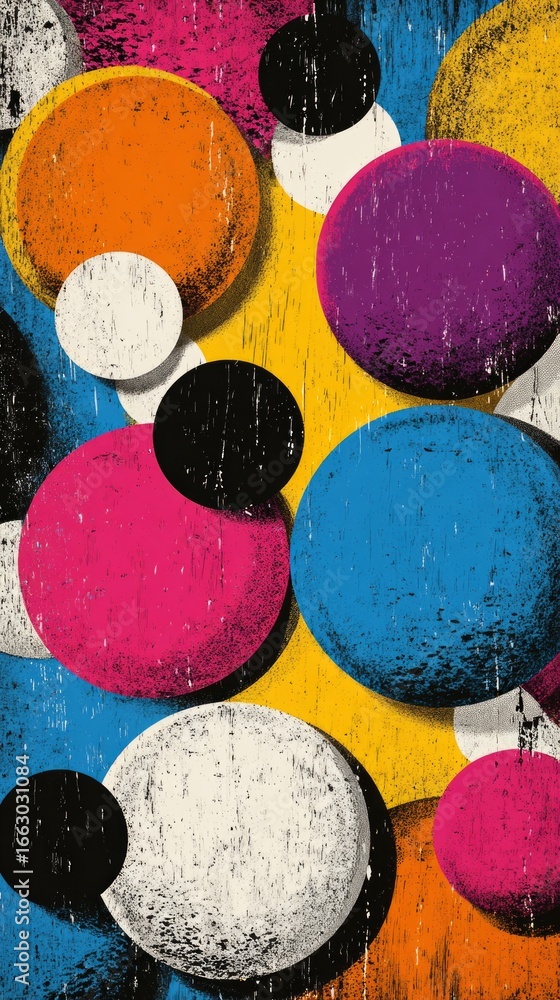 Poster colorful grunge circles creating an abstract pattern on textured background, ideal for creative proj