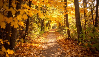 Naklejka premium Sunlight streams through a golden autumnal forest path