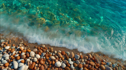 Smooth pebbled beach shoreline lapped by translucent turquoise waves, showcasing polished stones, gentle surf, and serene coastal natural beauty.