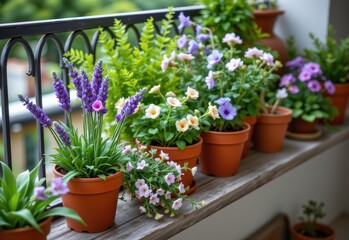 Obraz premium a small balcony garden with potted ferns, lavender, and catmint producing soft green textures, pastel flowers, and calming aromatic environment for quiet retreat