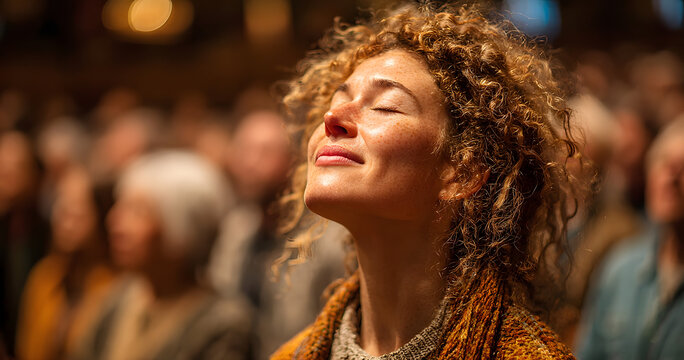 Preacher blessing woman in spiritual ceremony, eyes closed, deep worship and faith, emotional moment of devotion surrounded by diverse congregation in sacred Christian setting
