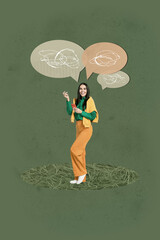 Vertical 3d poster art collage of happy girl guy stand bubble communication chatterbox speech...