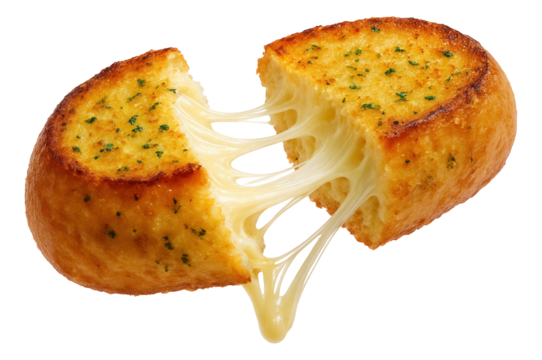 A piece of garlic bread being torn apart, revealing melted cheese strings.
