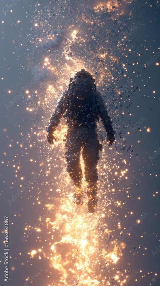 Poster astronaut in spacesuit floating in dark space with a trail of golden particles