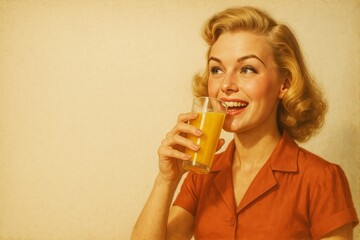 Fototapeta premium Smiling retro blonde woman in vintage orange blouse holding a glass of fresh orange juice against warm beige background, nostalgic 1950s beverage portrait