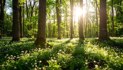 Obraz premium Sunlight streams through a lush forest floor blanketed in white wildflowers
