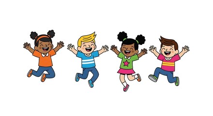 Four diverse cartoon children jumping with joy on a white background kids multicultural