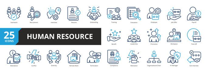 Set of Outline Color Style Human Resource icon. A collection of icons suitable for web and mobile application. Including Teamwork, Recruitment, Interview, Resume, Onboarding, Training, and more.