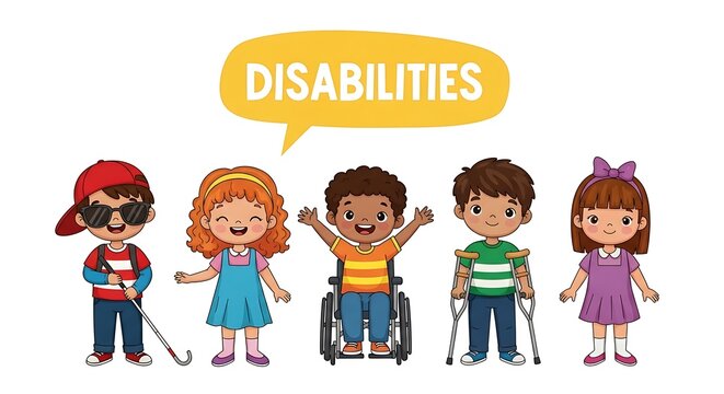 Diverse group of cartoon children with disabilities and aids standing together on a white background
